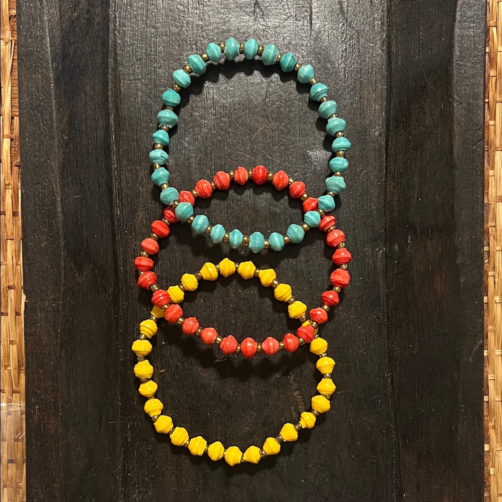 Handcrafted Turquoise, Red and Yellow Paper Beaded Stretch Bracelet Set